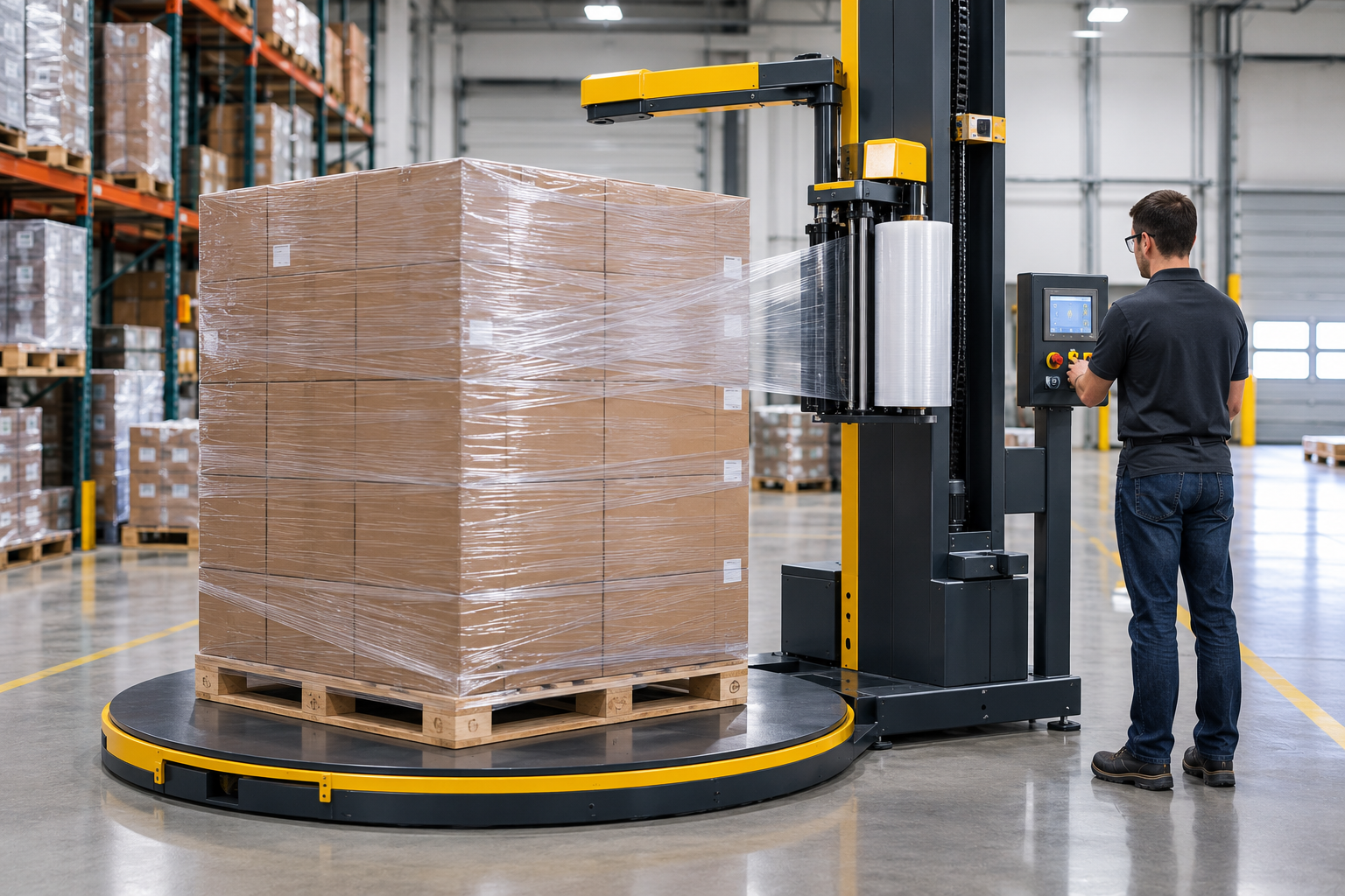 Automated pallet wrapping strapping and material handling system in a warehouse